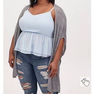 Open front gray pointelle kimono cardigan